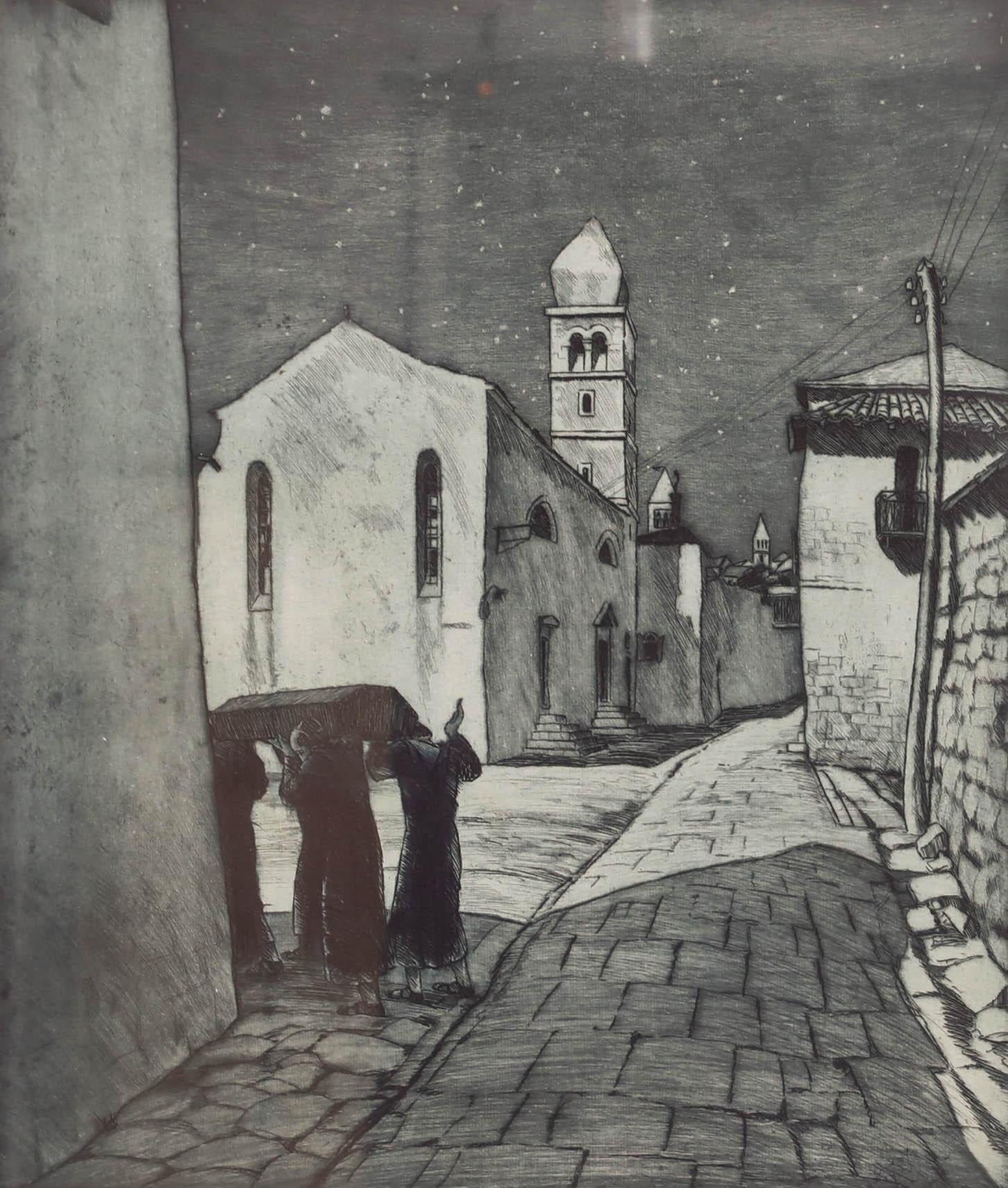 Tomislav Krizman (1882-1955) - Gerahmte Radierung von 1929, Straße bei Einbruch der Dunkelheit – Print von Unknown