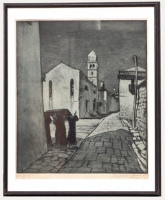Tomislav Krizman (1882-1955) - Aguafuerte enmarcado de 1929, Calle al anochecer