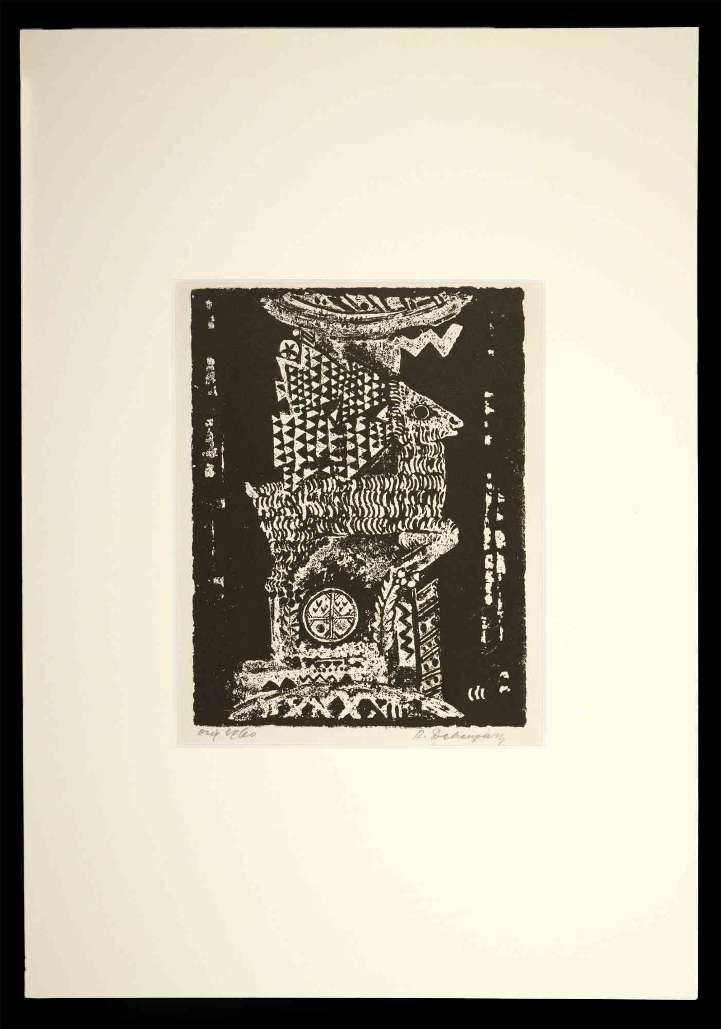 Totem - Drawing imprimé gravé sur bois - milieu du 20e siècle