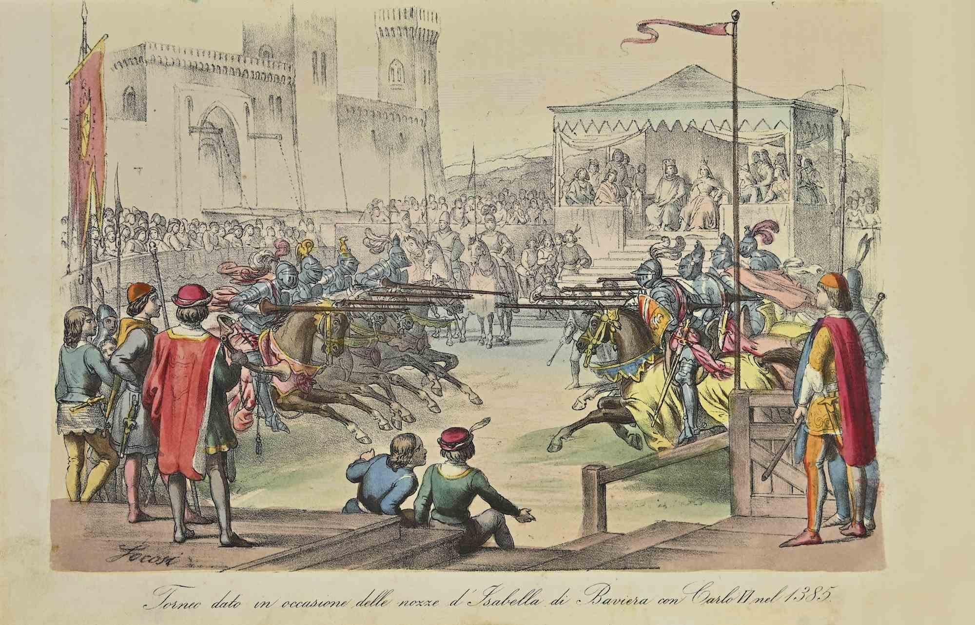 Unknown Figurative Print – Tournament – Lithographie – 1862