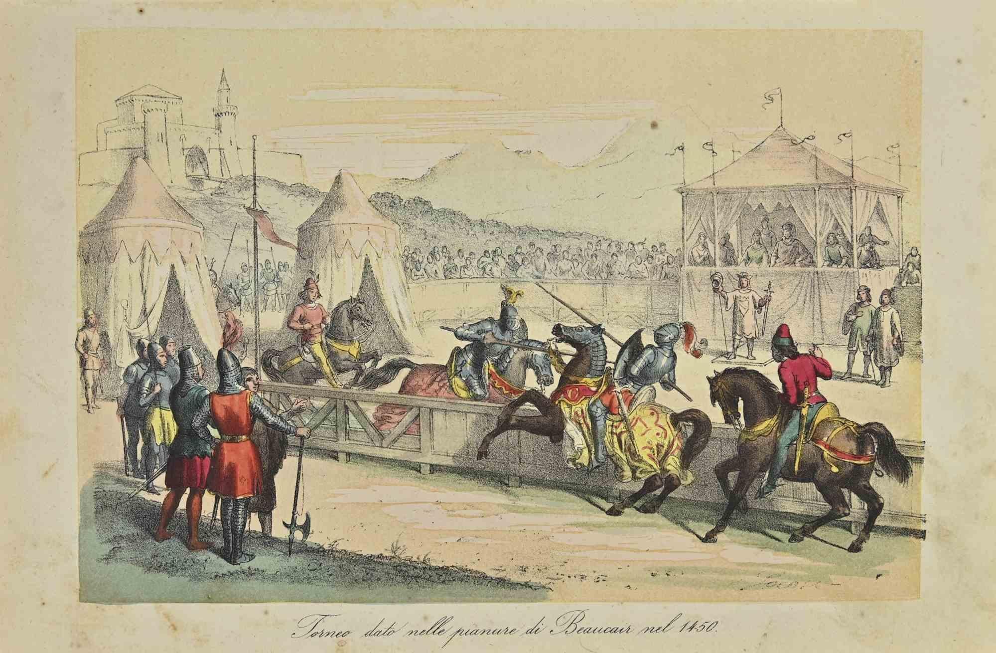Unknown Figurative Print – Tournament – Lithographie – 1862