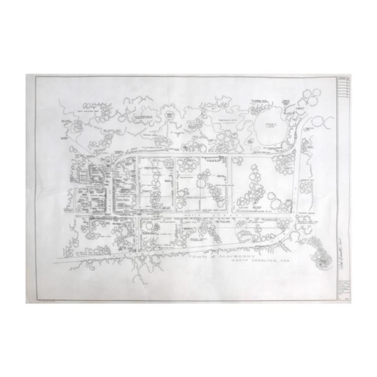 Town of Mayberry, 2015

Additional information:
Medium: Ink and pencil on graph vellum
Dimensions: 24 × 36 in (61 × 91.4 cm)

Mark Bennett's (b. 1956, Tennessee) whimsical works engage with pop culture and celebrity to an extreme degree. His