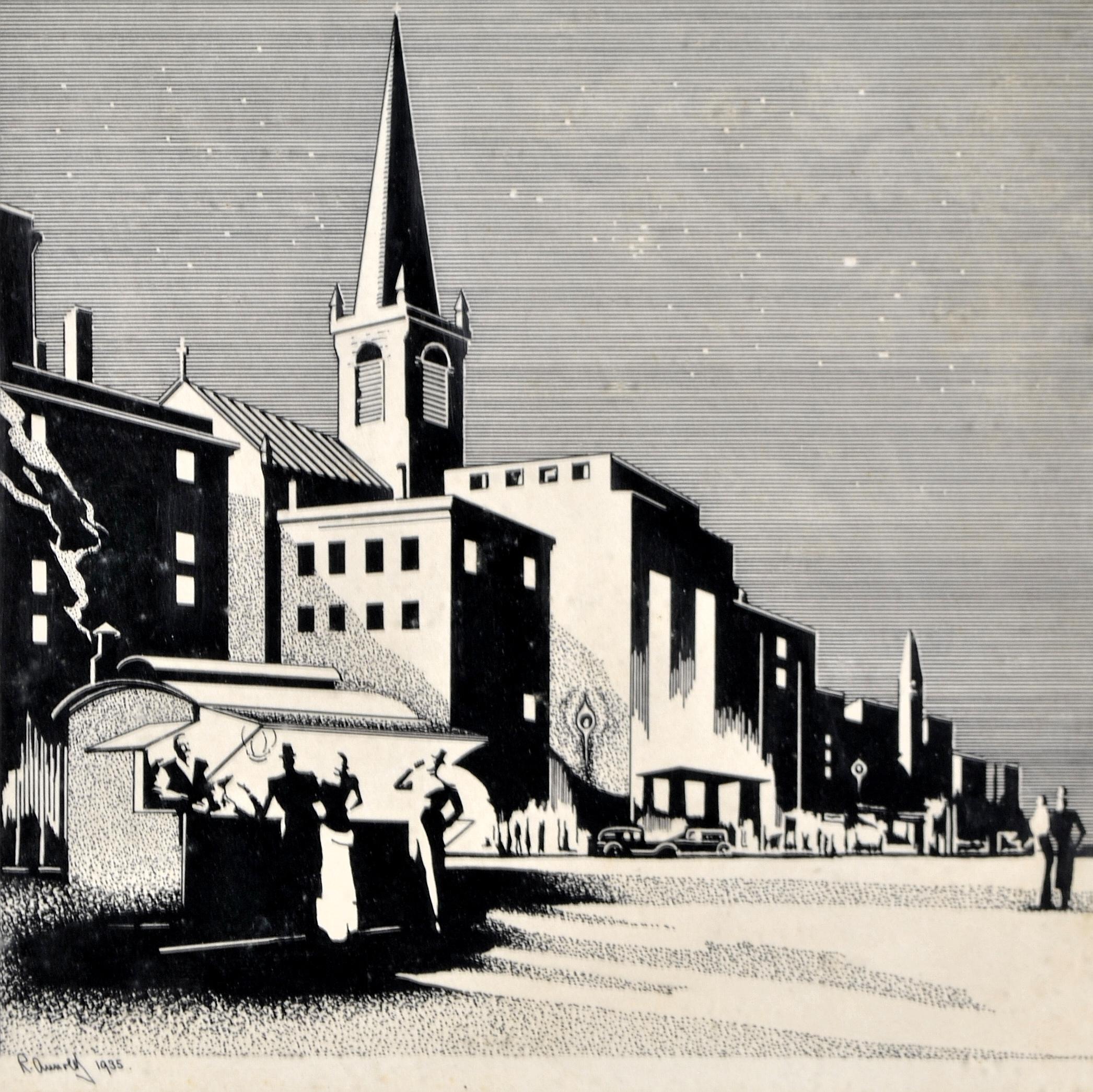 Townscape - Figuren in einer Art-déco-Stadt des frühen 20. Jahrhunderts, Holzschnitt-Druckbild – Print von Unknown