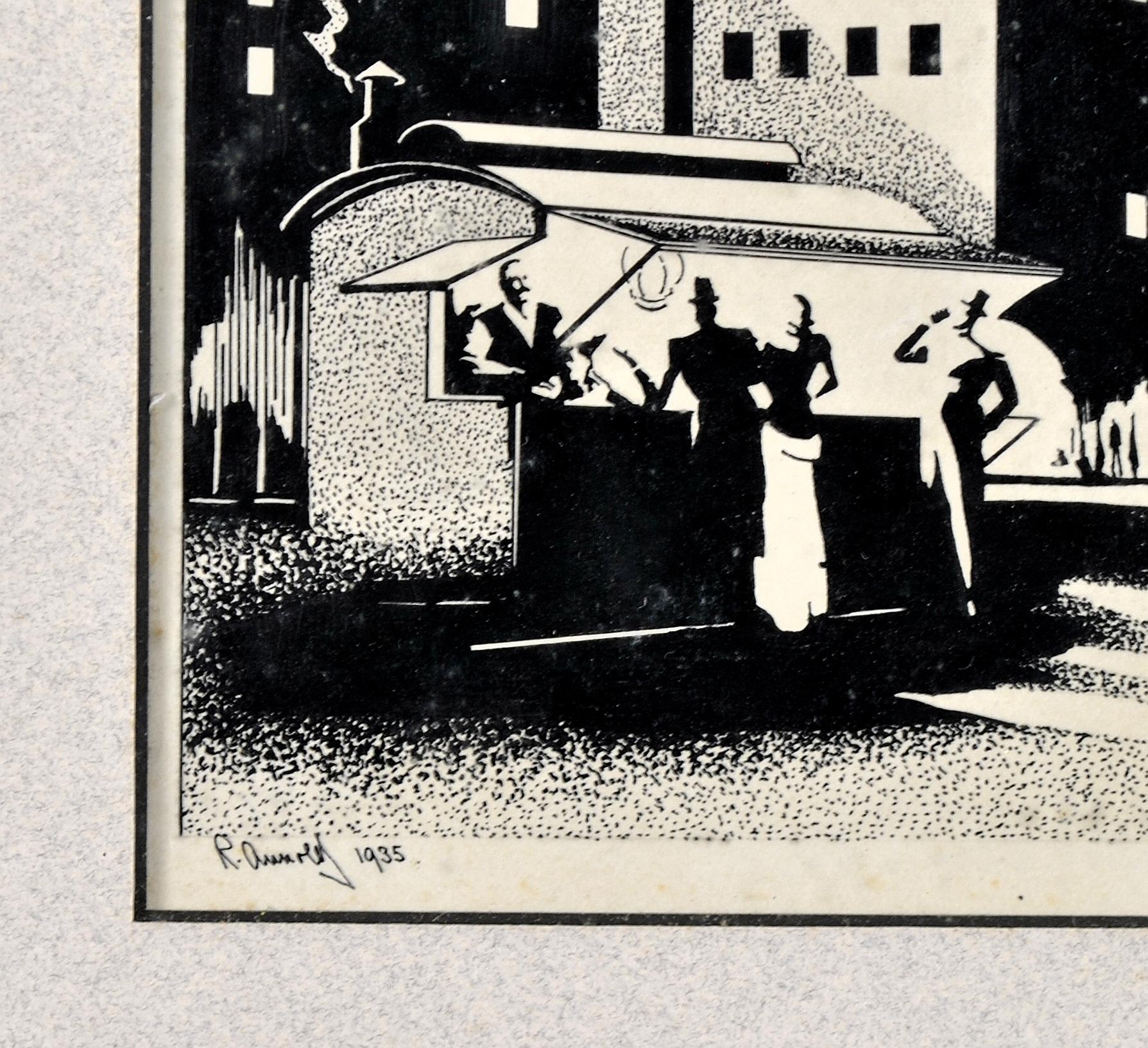 Townscape - Figuren in einer Art-déco-Stadt des frühen 20. Jahrhunderts, Holzschnitt-Druckbild (Art déco), Print, von Unknown