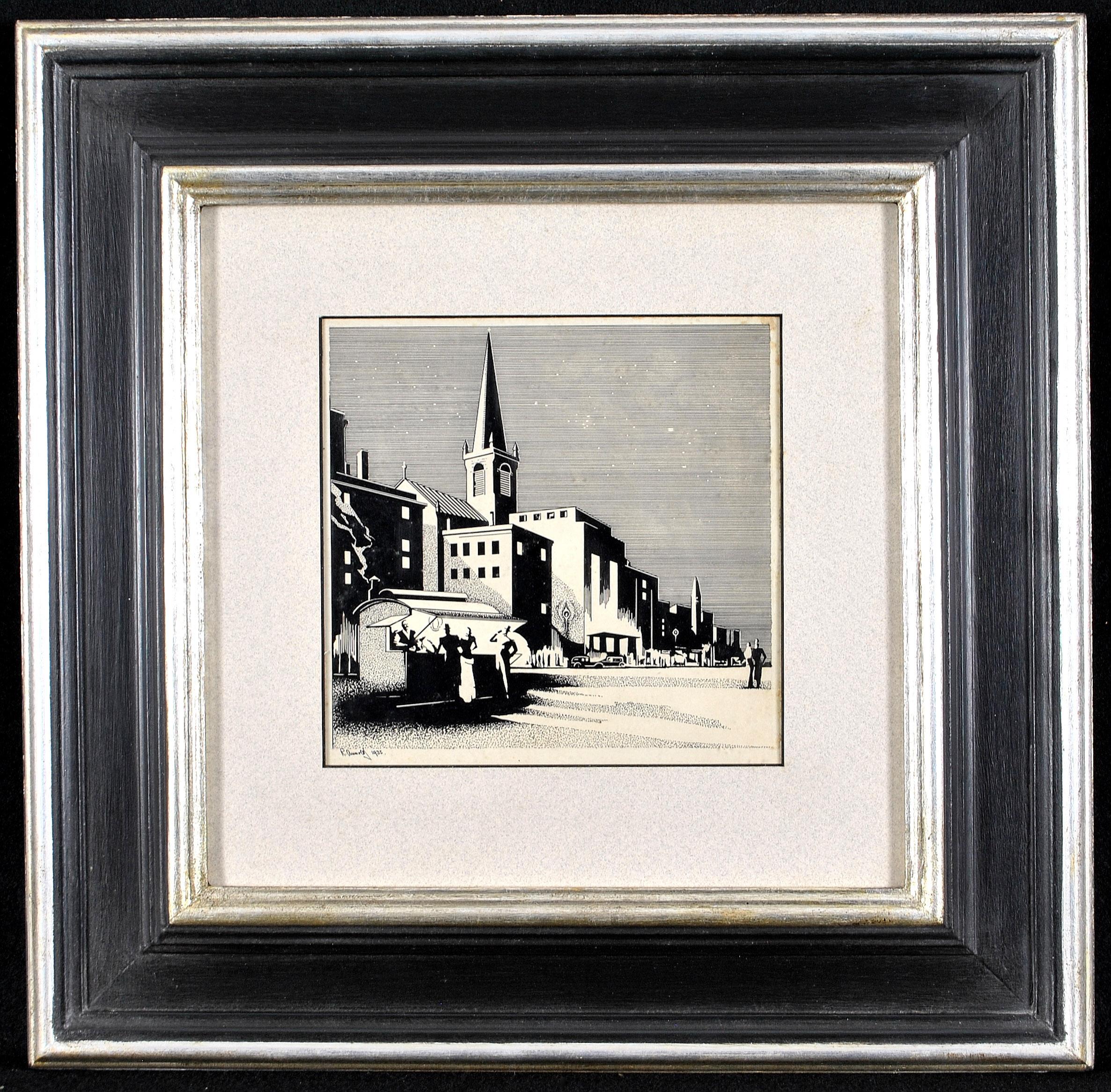 Townscape - Figuren in einer Art-déco-Stadt des frühen 20. Jahrhunderts, Holzschnitt-Druckbild im Angebot 2