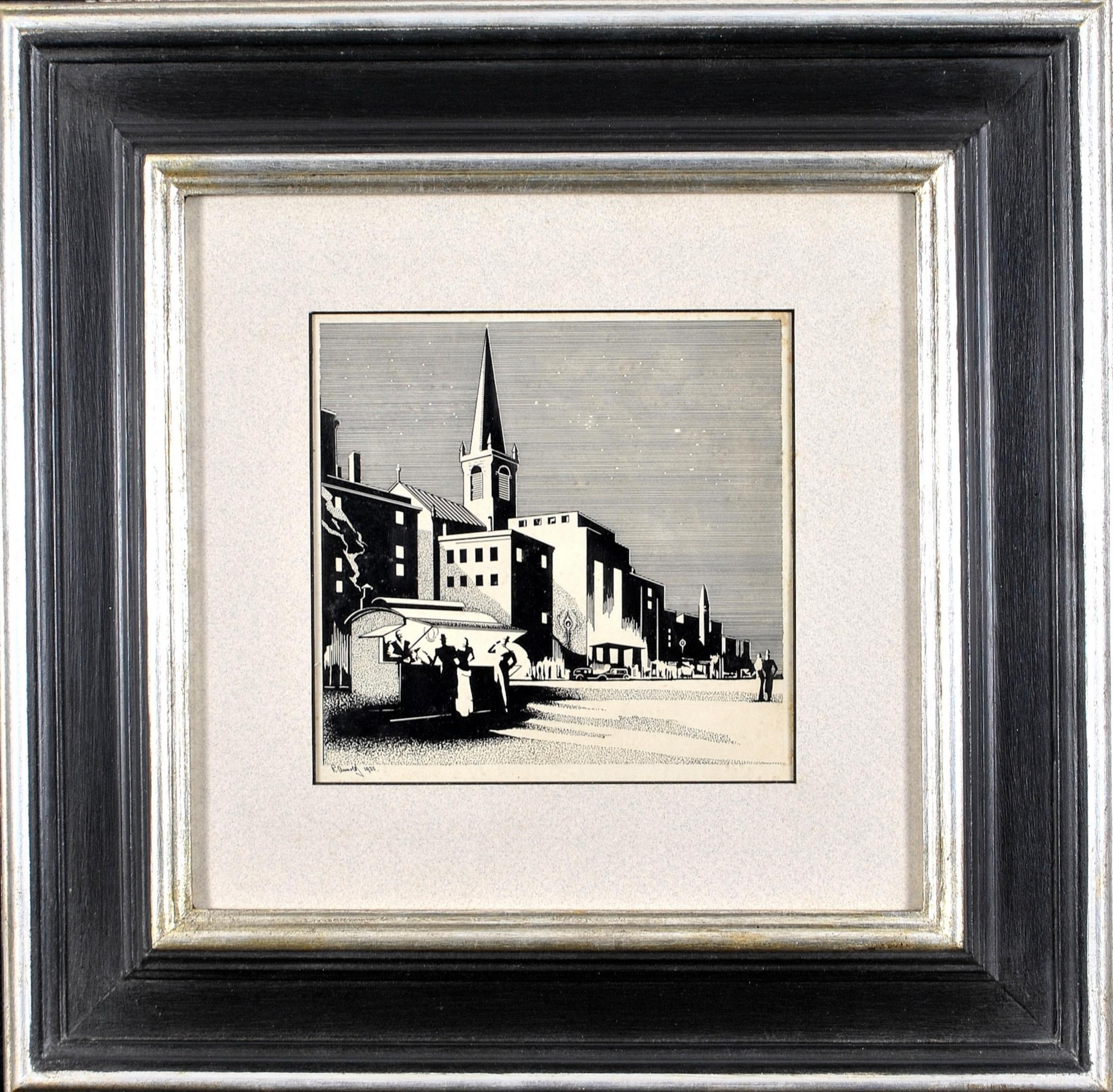 Townscape - Figuren in einer Art-déco-Stadt des frühen 20. Jahrhunderts, Holzschnitt-Druckbild