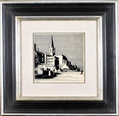 Townscape - Figures in an Art Deco Town Early 20th Century Woodcut Print Picture