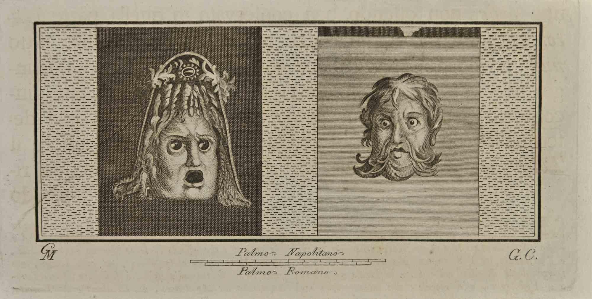 Unknown Figurative Print – Tragische Masken im pompejanischen Fresco-Stil – Radierung – 18. Jahrhundert