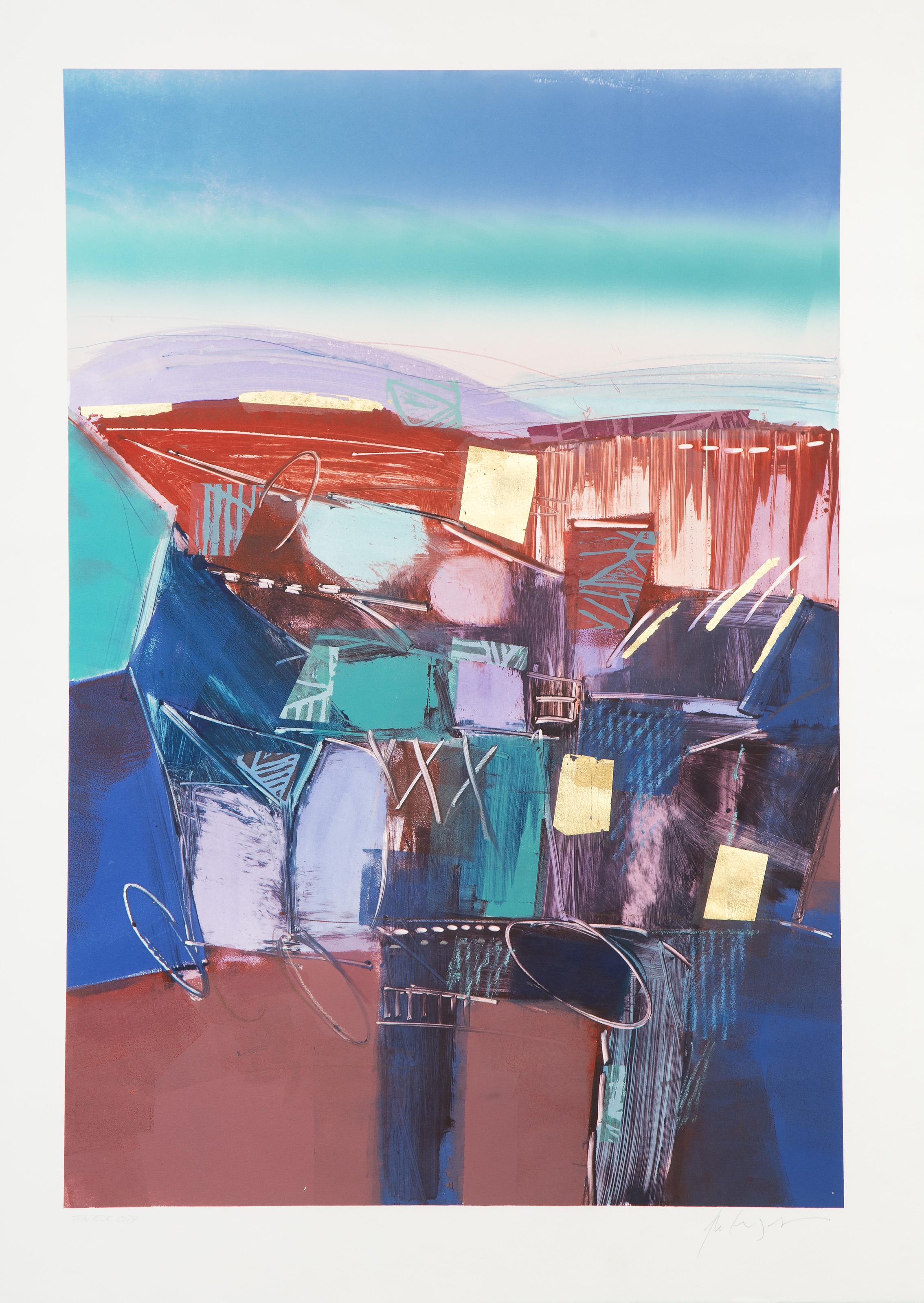 Manuel Rodriguez Jr., Filipino (1942 - ) -  Trapeze City. Medium: Monoprint and mixed media on BFK Rives, signed and titled in pencil, Edition: 1/1, Image Size: 35.25 x 24 inches, Size: 41.5 x 29.5 in. (105.41 x 74.93 cm), Description: This unique