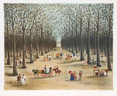 Sentiero con alberi, litografia folkloristica di Claude Tabet
