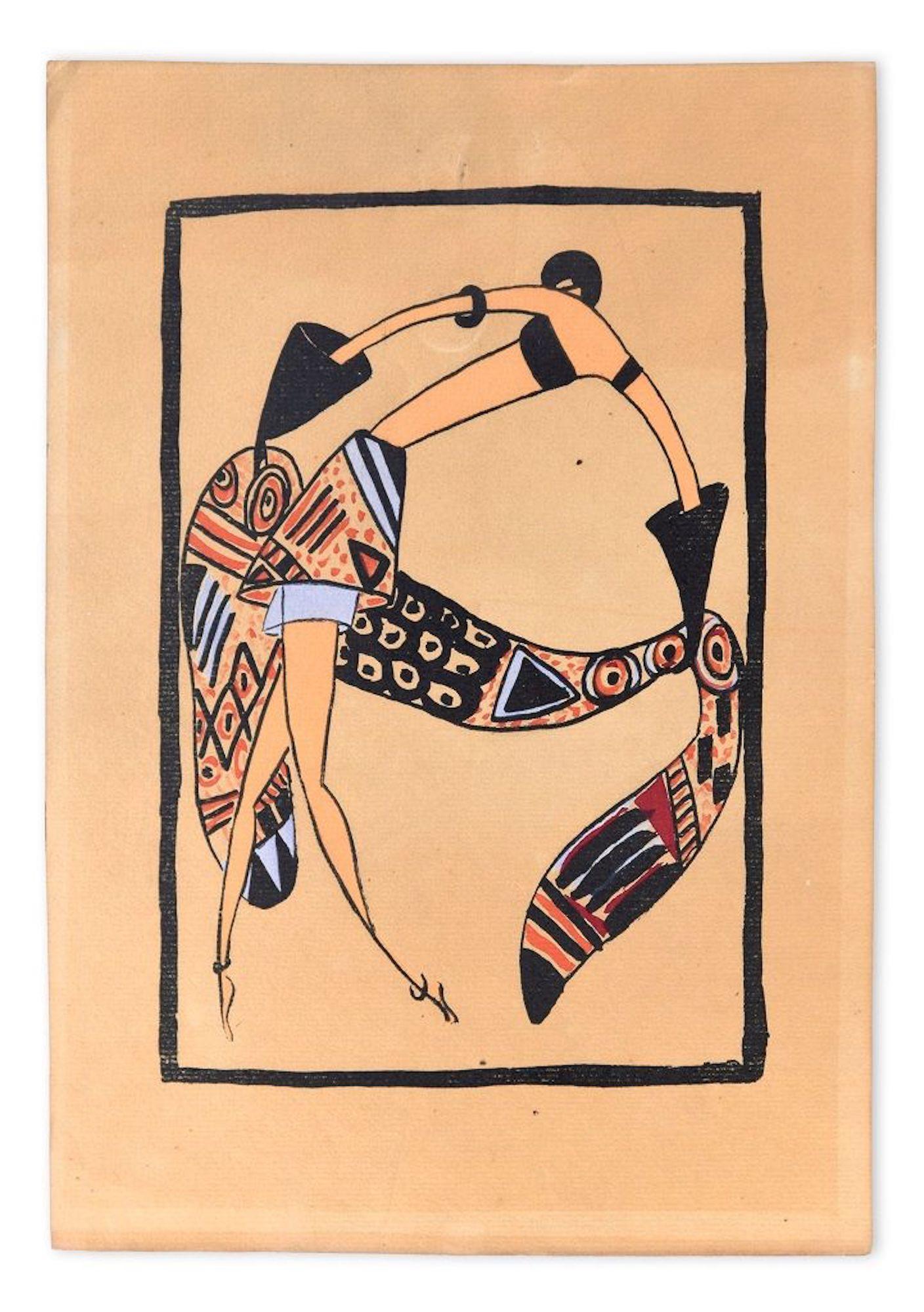 Unknown Figurative Print - Trial Cloth / Woodcut Hand Colored in Tempera on Paper - Art Deco - 1920s