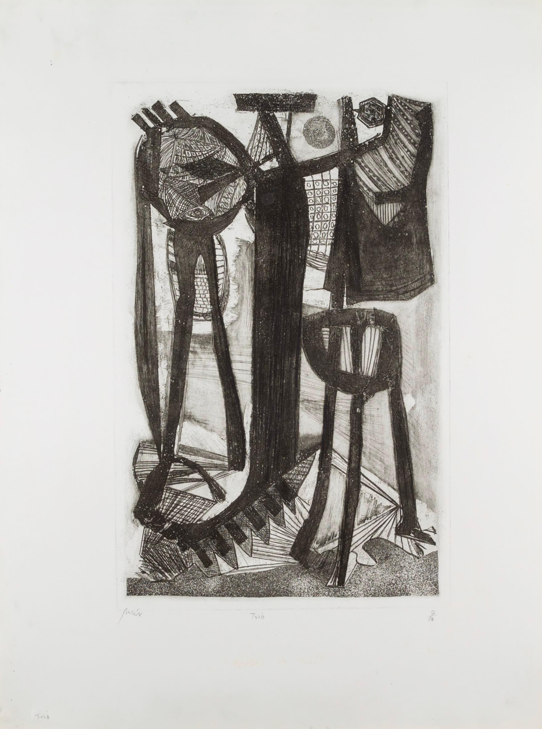 Trio by André Bicât, 1965

Additional information:
Medium: etching on wove paper
30 3/4 x 23 1/4 in
78 x 59 cm
signed, dated, titled and numbered 2/10 in pencil

Born in Essex to French and Anglo-Irish parents, André Bicât was a painter, printmaker