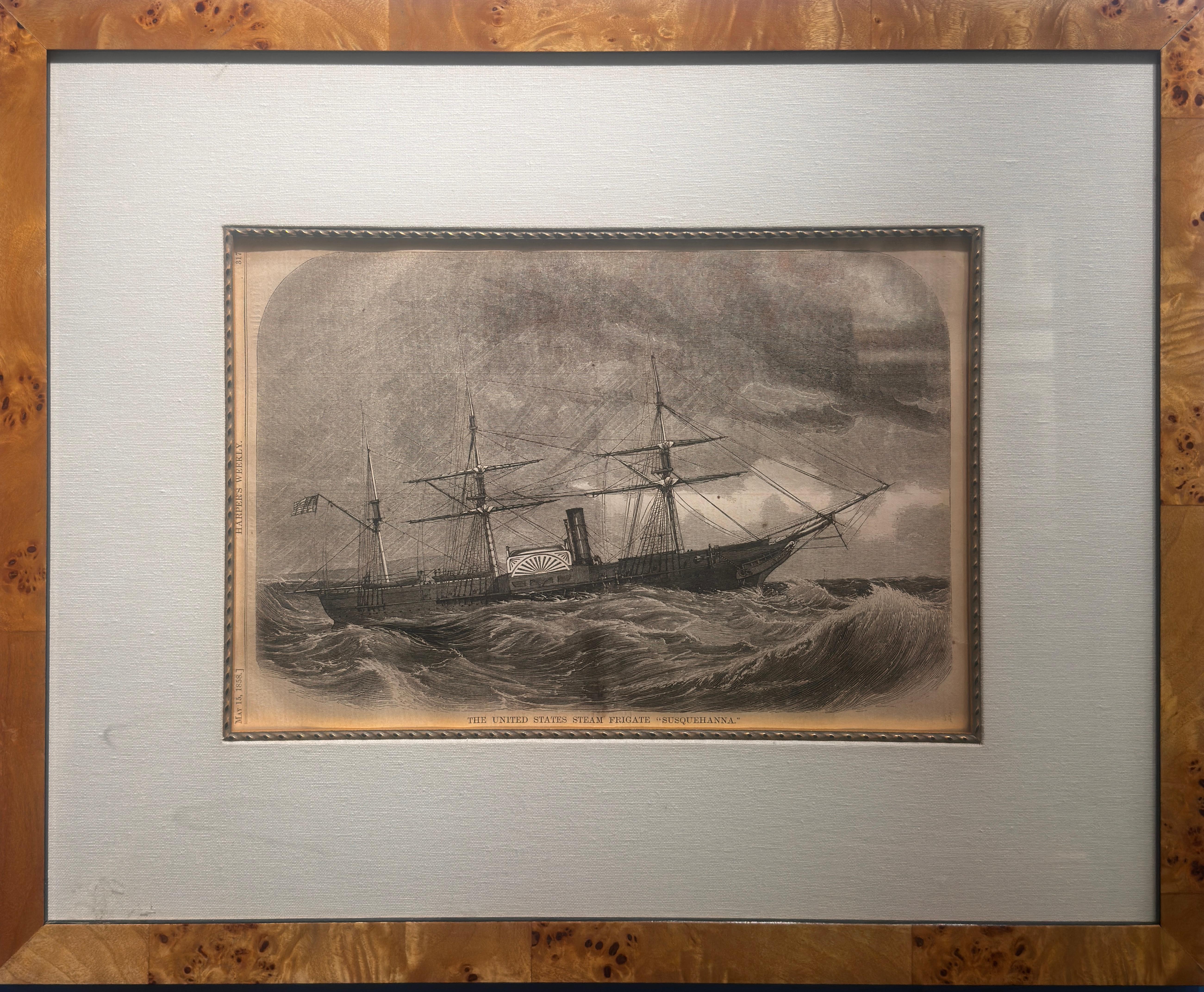 Measures
9.75 x 14.5 inches sight
19.25 x 24 inches framed

Framed “Harper’s Weekly” ship prints, 1870s. Each matted and framed under glass with custom burl wood veneer moldings.

#1:  Title: The United States Revenue Cutter “Harriet