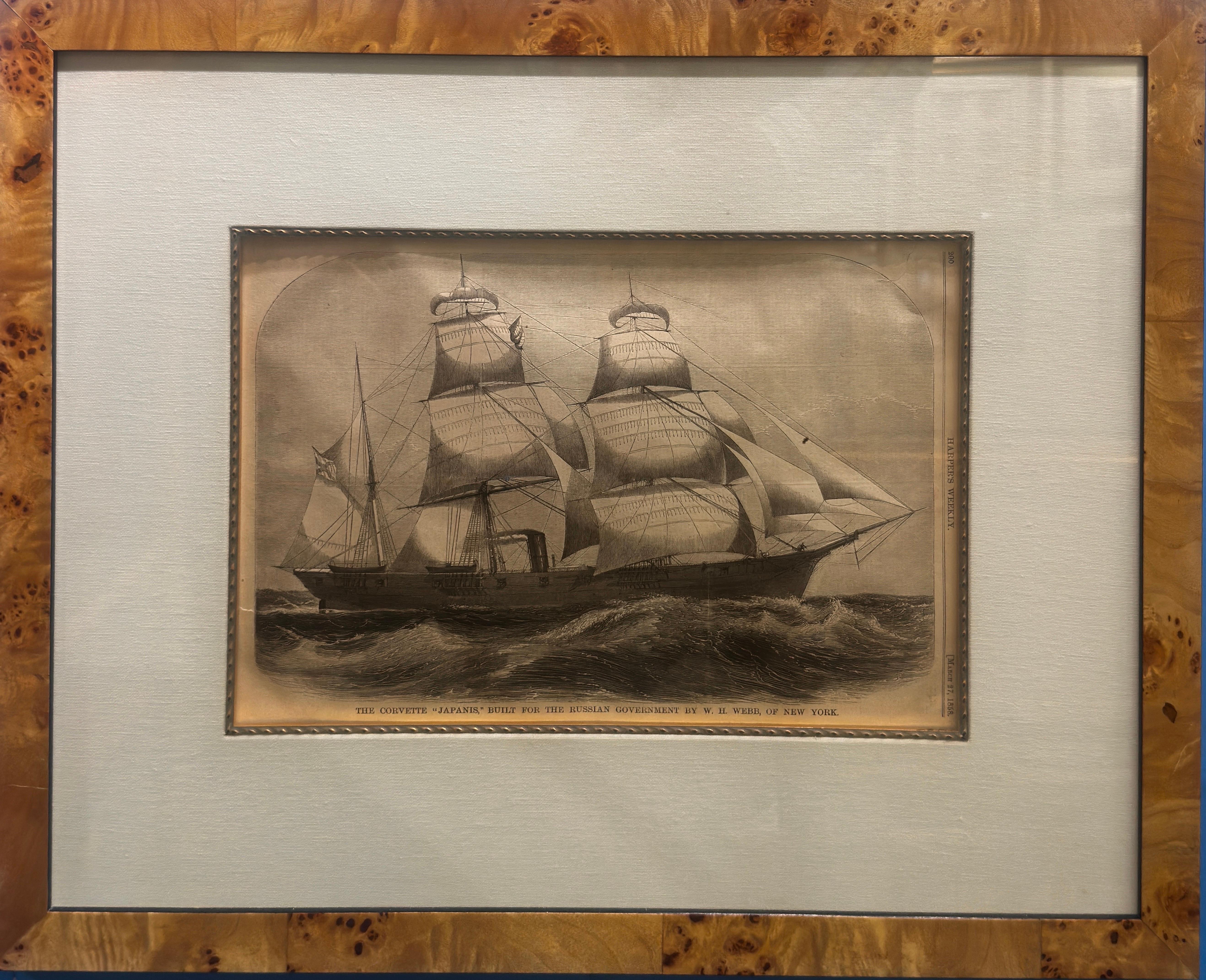 Trio of Framed “Harper’s Weekly” ship prints - Print by Unknown