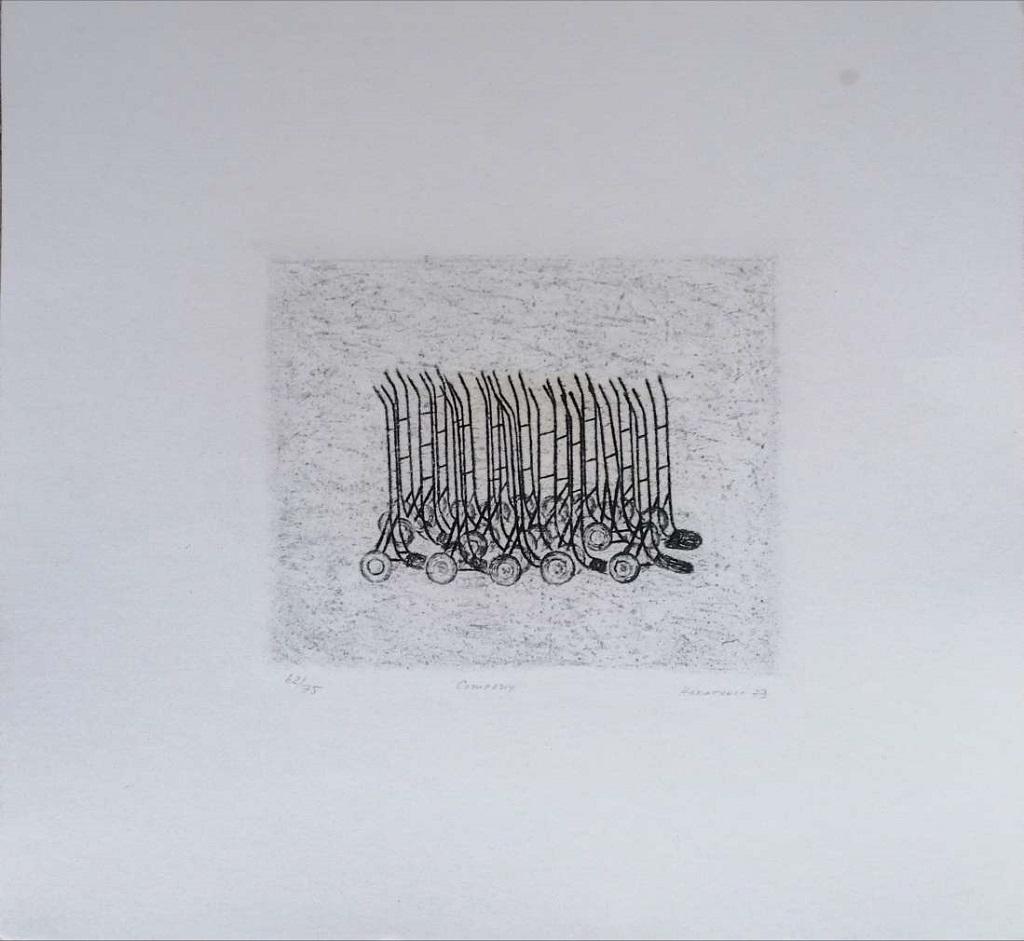 Unknown Figurative Print - Trolleys Installation - Original Etching on Paper Signed Kokotovic - 1973