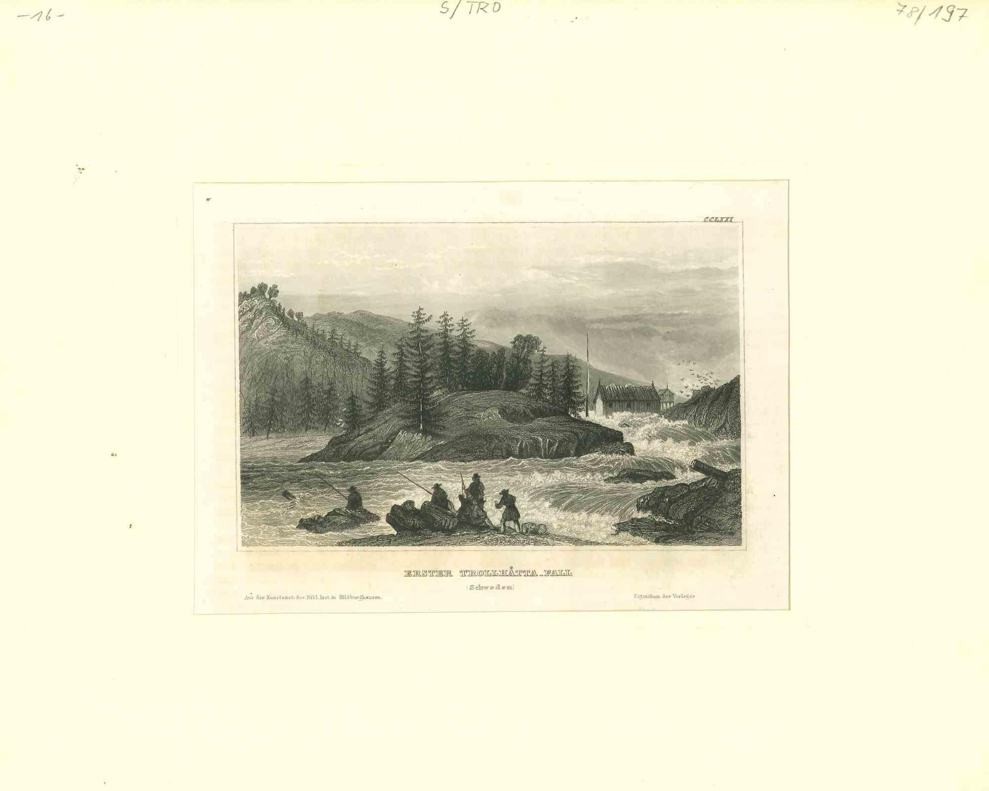 Unknown Landscape Print - Trollhättan Falls - Original Lithograph - Mid-19th Century