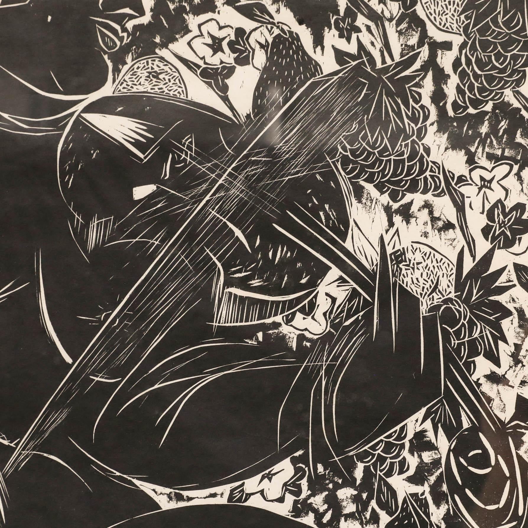 A large, striking lino print by Tsugumi Ota (b.1951) depicting a nude woman playing the violin. Signed, dated, and titled in graphite below the image. Numbered 3/30. On paper.