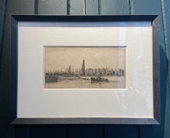 Tug Boat on the Thames, Early 20th Century Etching Print, London Landscape