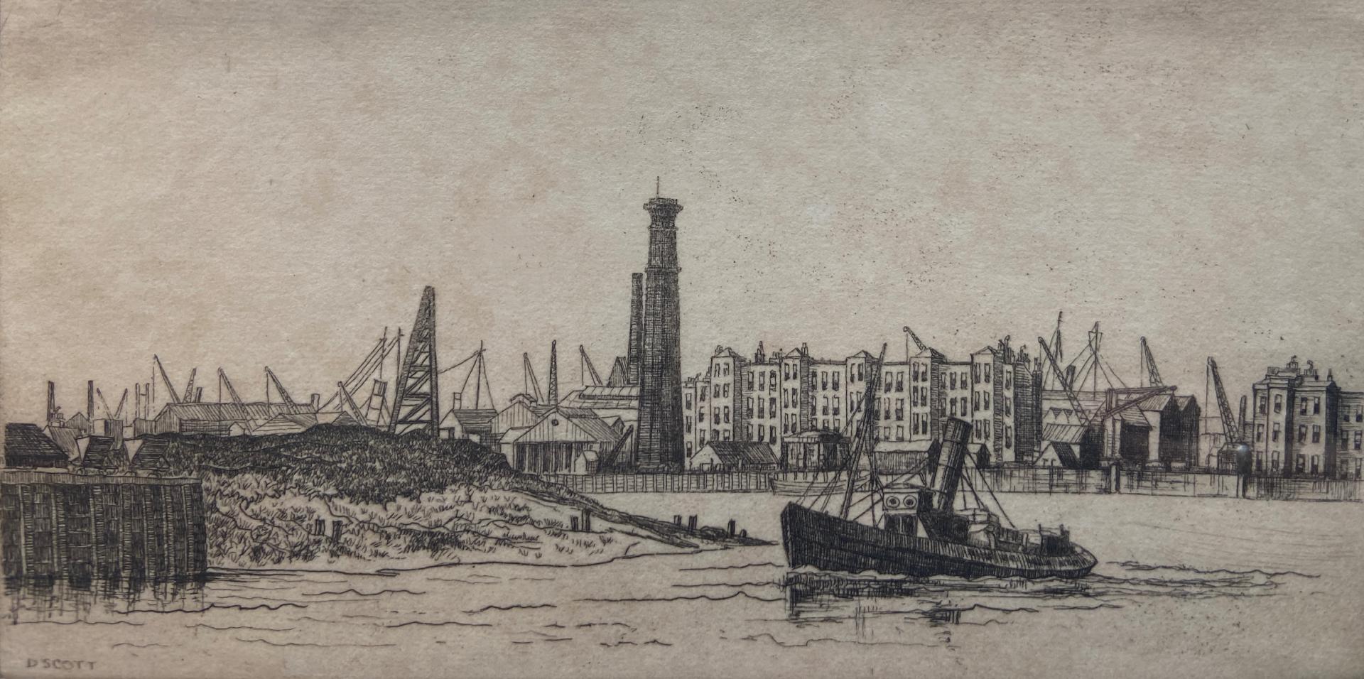 Unknown Landscape Print – Tug Boat an der Themse, Radierungsdruck des frühen 20. Jahrhunderts, Londoner Landschaft