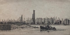 Used Tug Boat on the Thames, Early 20th Century Etching Print, London Landscape
