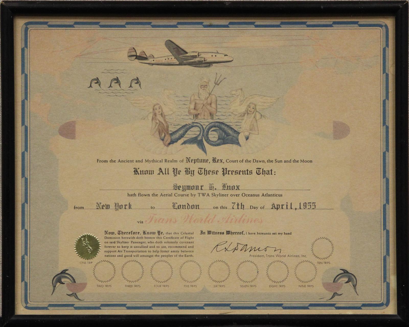 Certificat Skyliner de la TWA, 1955 - Print de Unknown