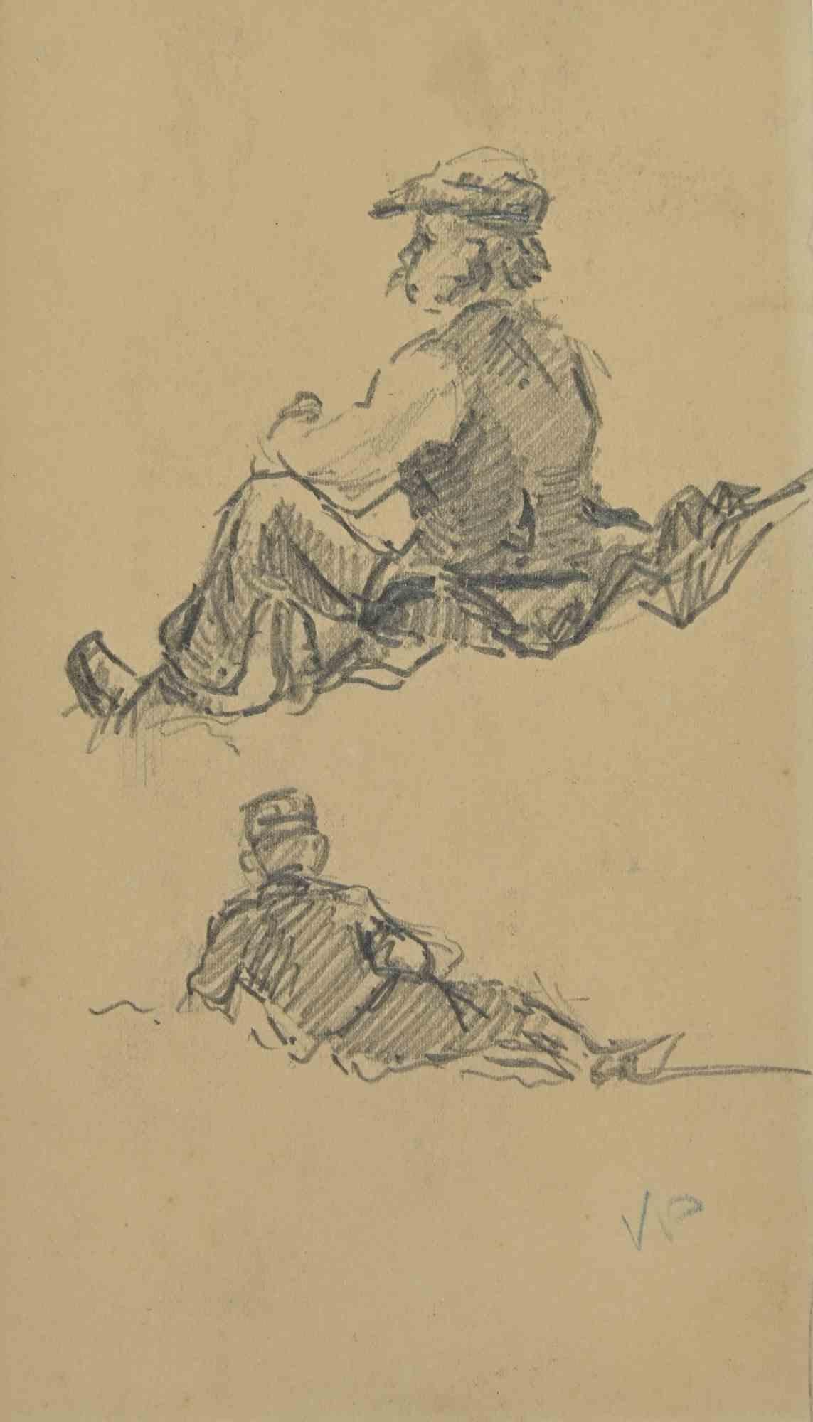 Unknown Figurative Print - Two Figures - Drawing - Early 20th century