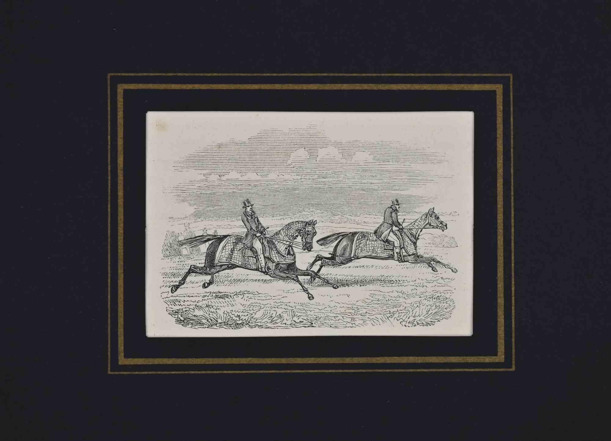 Figurative Print di Unknown - Due gentiluomini a cavallo - Litografia - XIX secolo