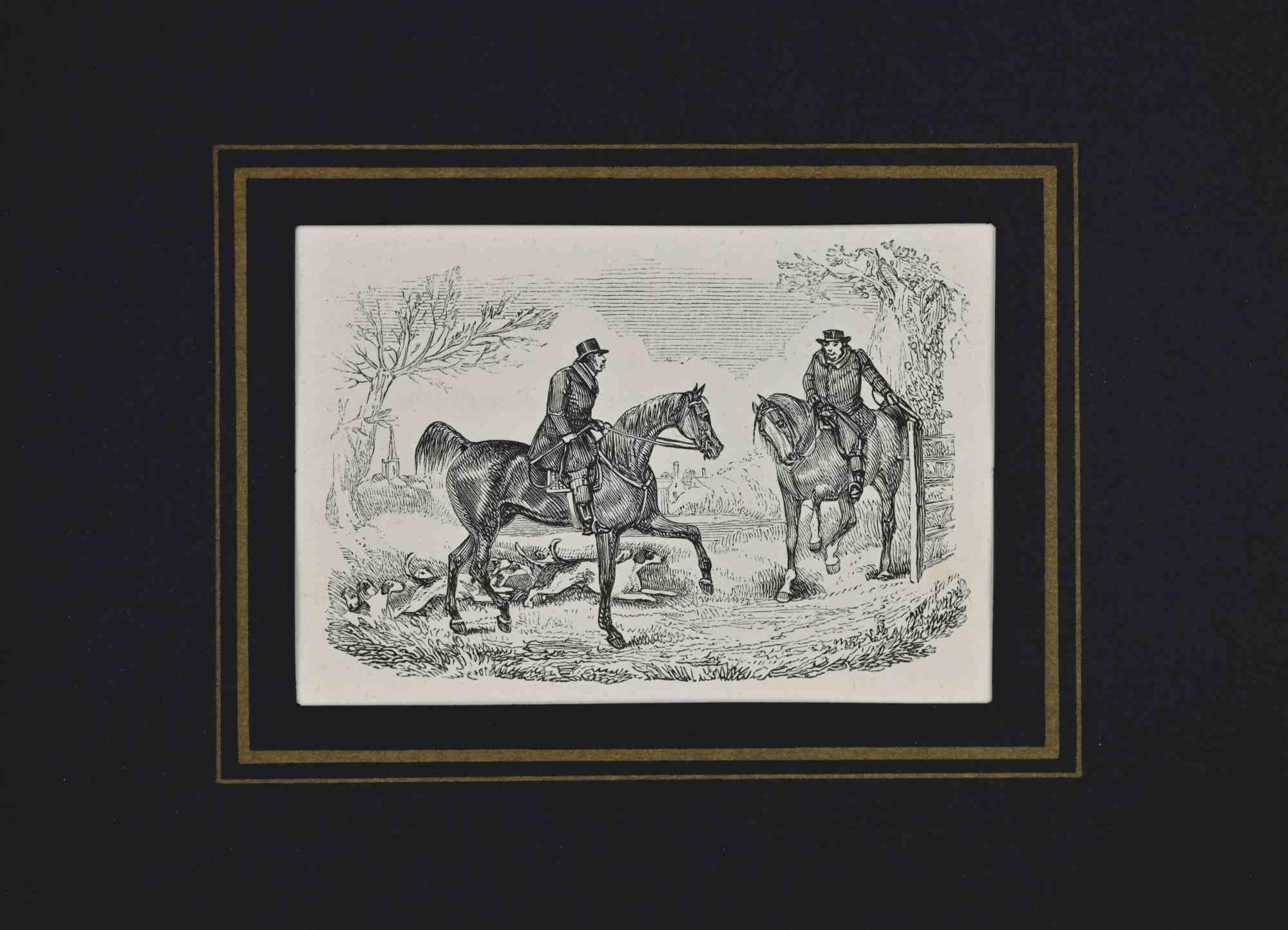 Figurative Print di Unknown - Due gentiluomini a cavallo - Litografia - XIX secolo