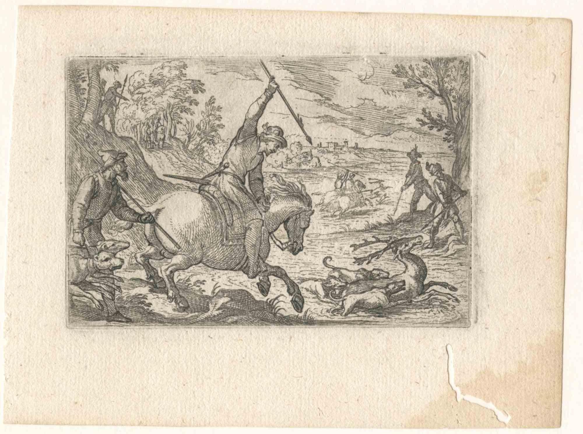 Two Hunting Scenes - Original Etching - 19th Century - Print by Unknown