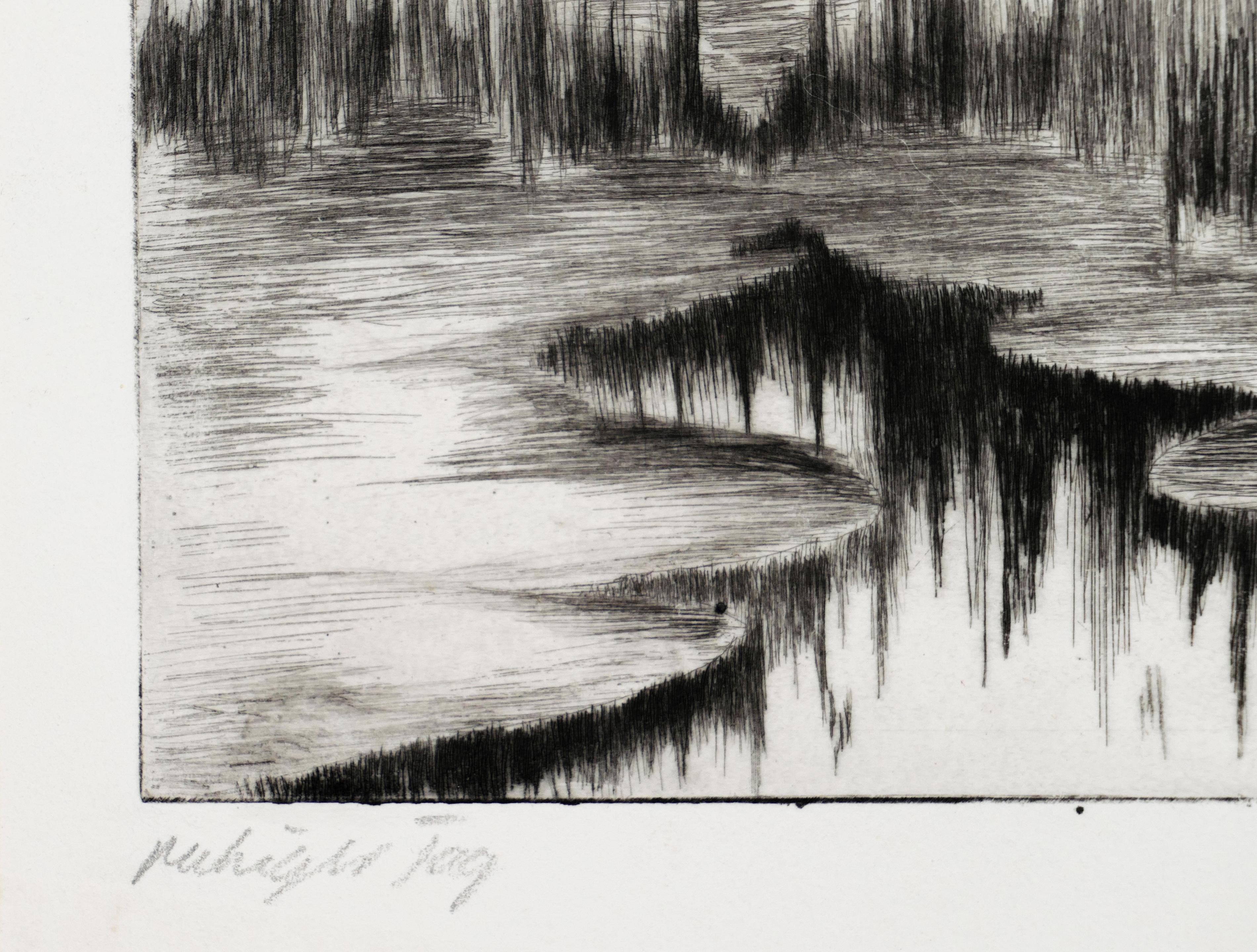 Two Lake Landscapes - Original Etching and Drypoint - 1970s - Beige Landscape Print by Unknown