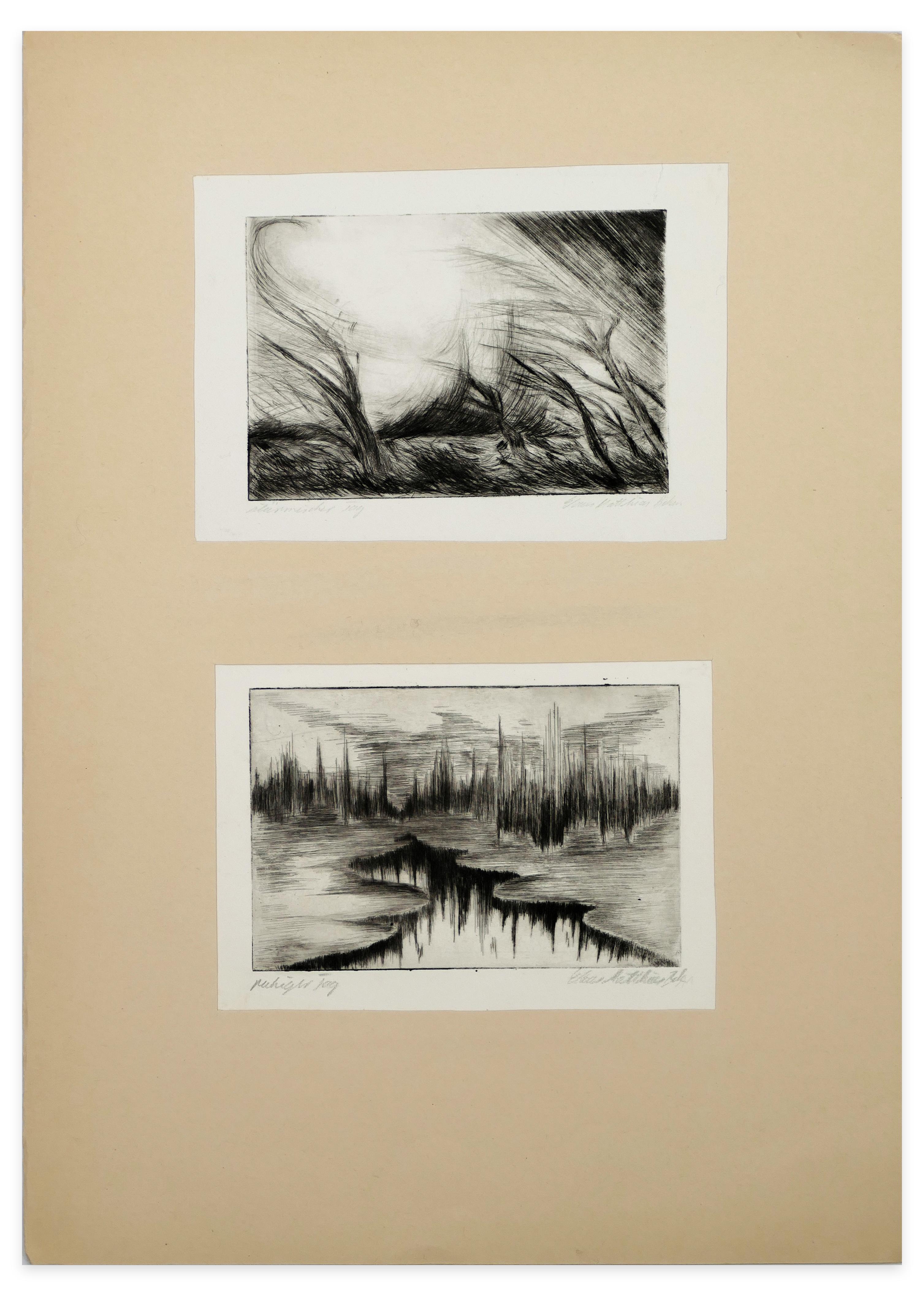 Two Lake Landscapes - Original Etching and Drypoint - 1970s