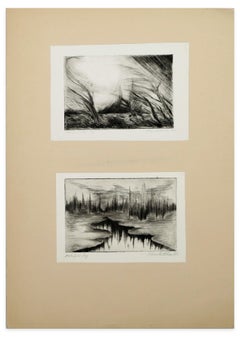 Vintage Two Lake Landscapes - Original Etching and Drypoint - 1970s