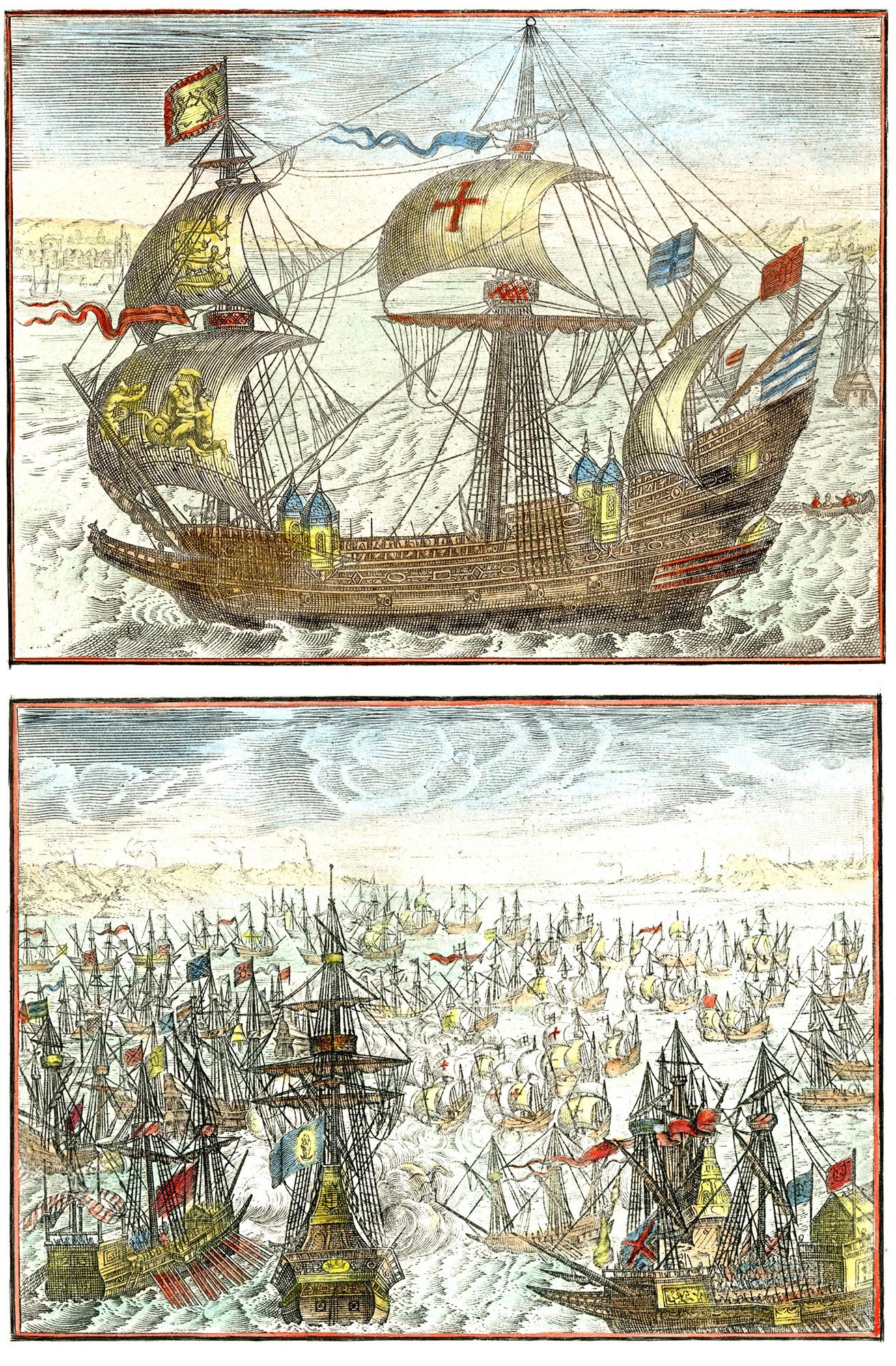 Still-Life Print di Unknown - Due immagini navali che raffigurano navi da guerra del XVII secolo