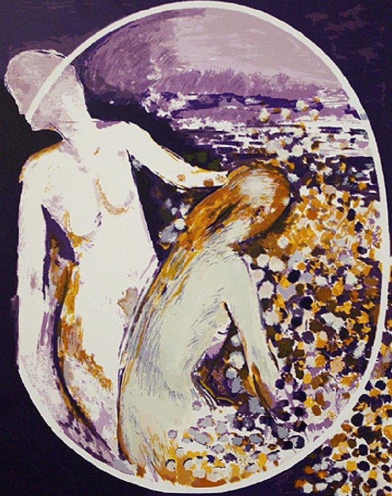Unknown Figurative Print - "Two People in Violet" Limited Edition Serigraph, 149/199