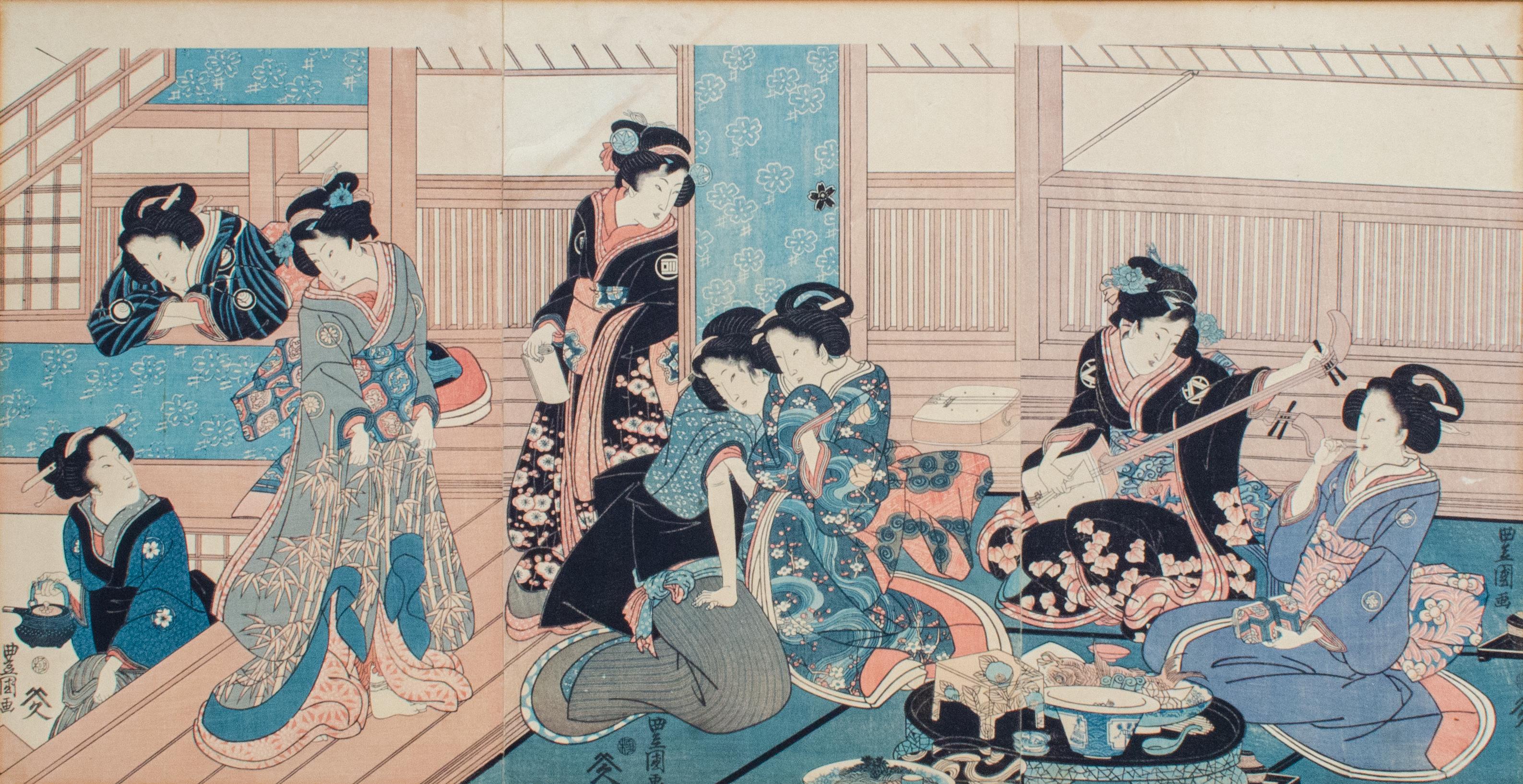Ukiyo-e-Stil Japanischer Holzschnitt mit Hofmännern in ihren Vierteln – Print von Unknown