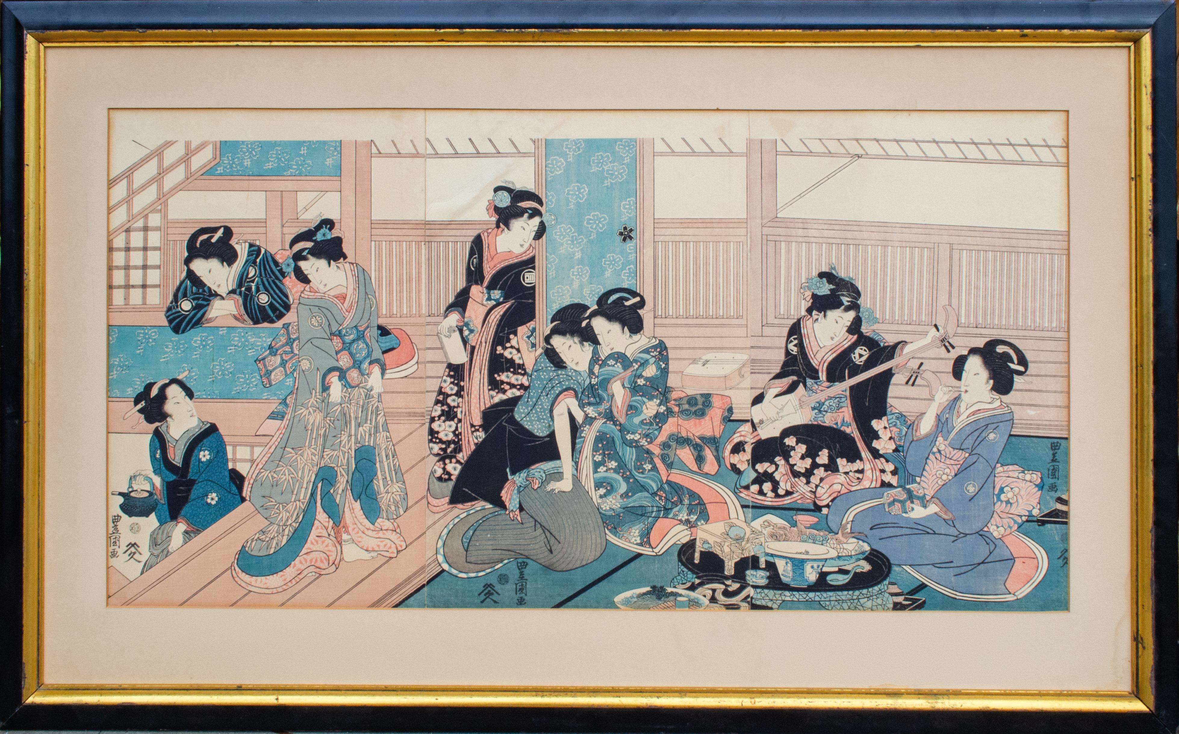 Unknown Interior Print – Ukiyo-e-Stil Japanischer Holzschnitt mit Hofmännern in ihren Vierteln