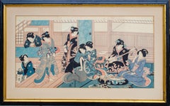 Ukiyo-e Style Japanese Woodcut of Courtesans in Their Quarters