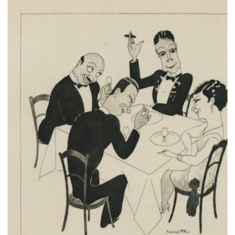Parisien Chez Larue restaurant 3, Pl de le Madeleine b&w c1920s advert sheet featuring three male diners wooing a lady at table by Pierre Fali donne de l'esprit

Image Sz: 9 3/8