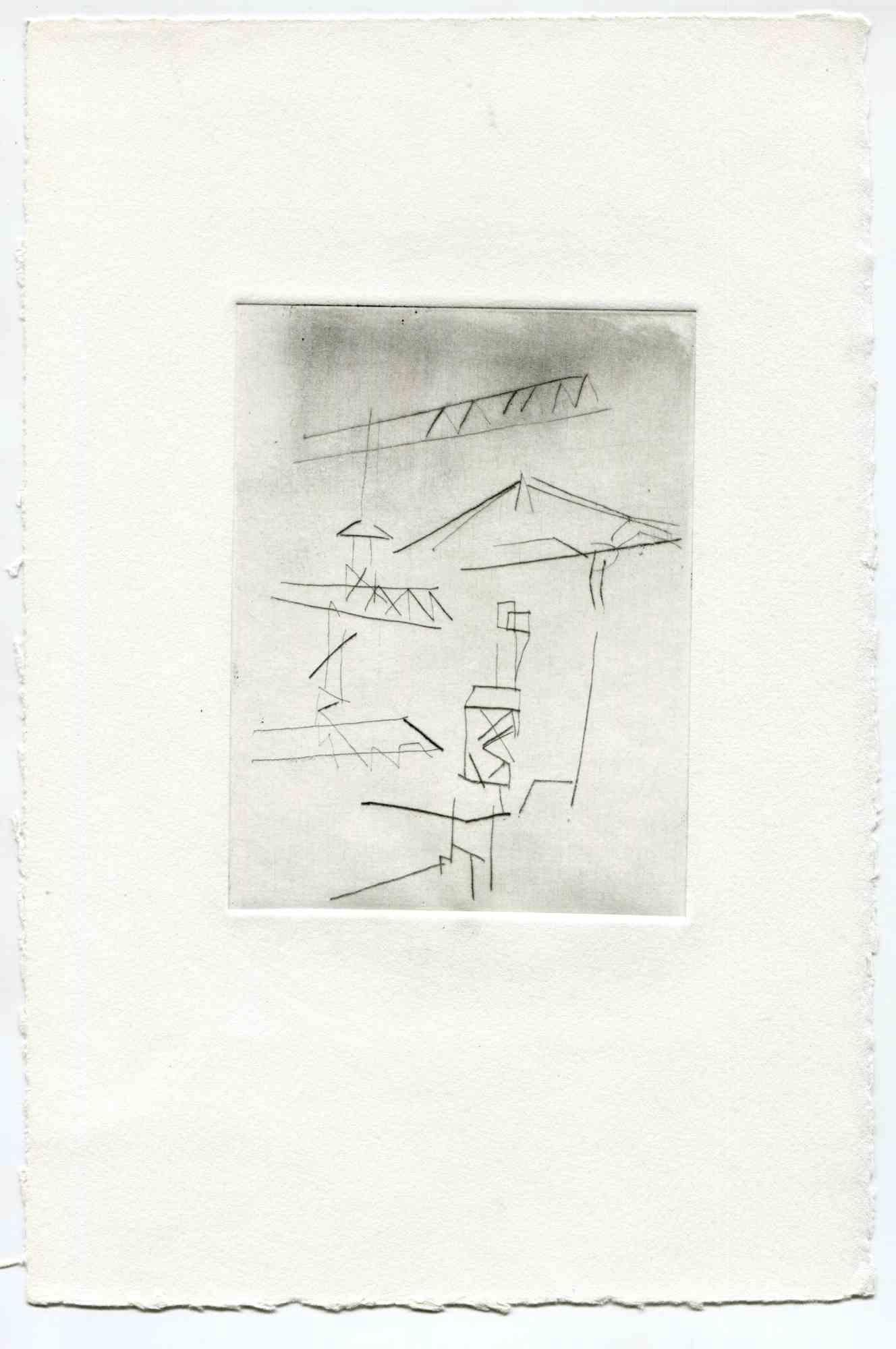 Unknown Figurative Print - Under Construction - Original Etching and Drypoint - Mid-20th Century