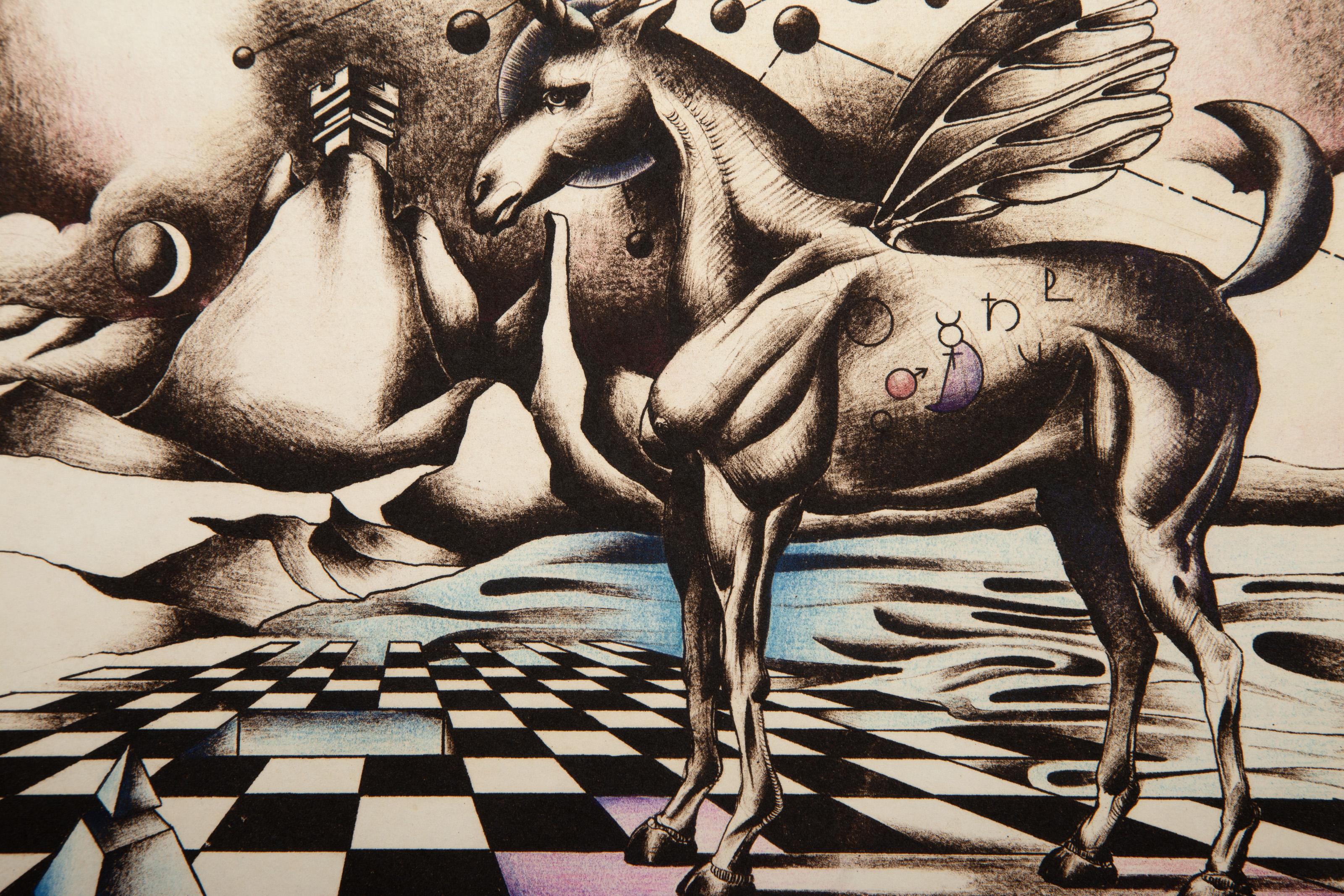 Einhorn im Feld, surrealistische Radierung von Douglas C. Backhaus im Angebot 1