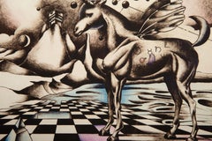 Unicorn in Field, Surrealist Etching by Douglas C. Backhaus