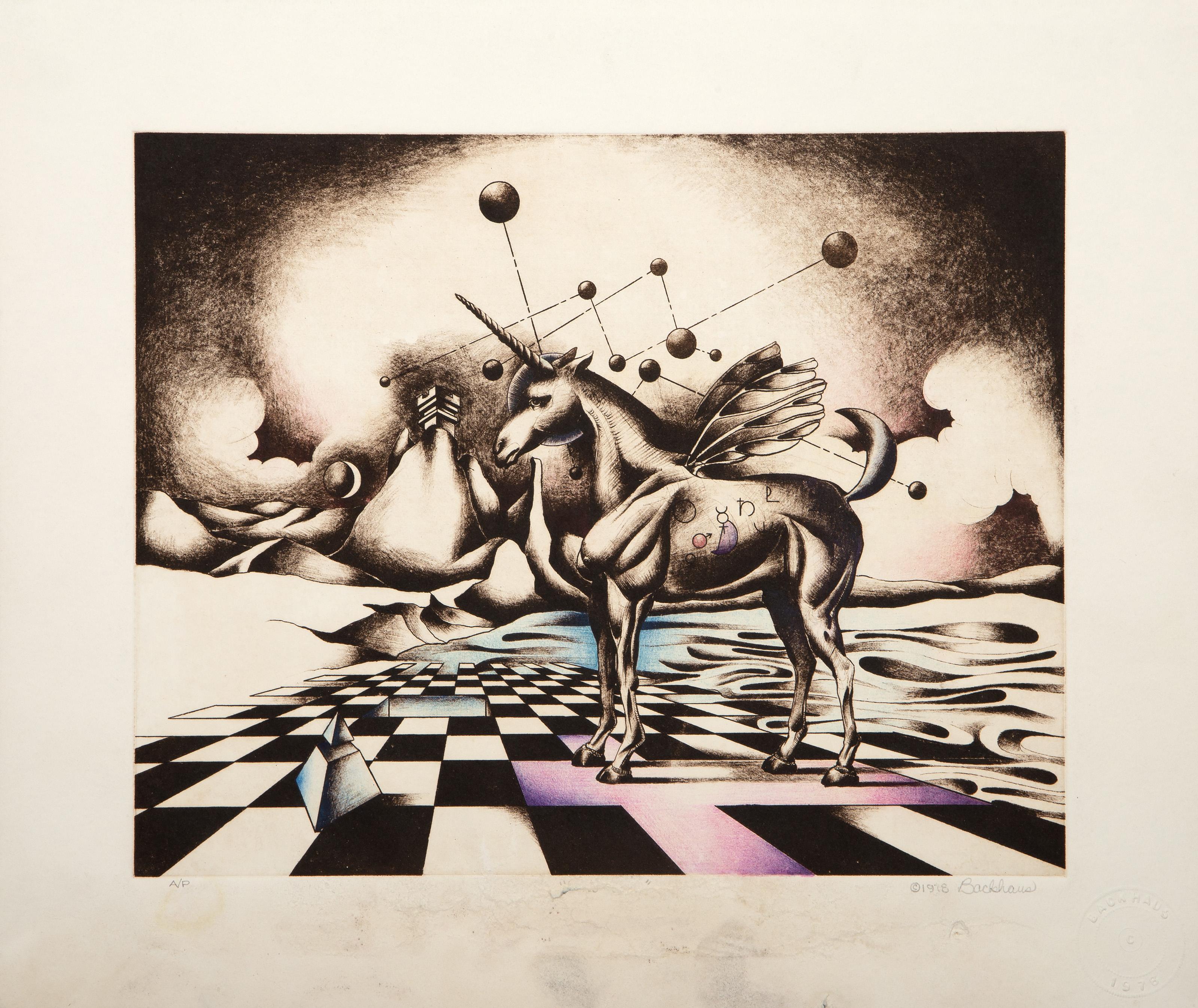 Einhorn im Feld, surrealistische Radierung von Douglas C. Backhaus