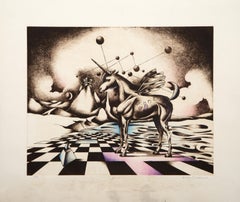 Unicorn in Field, Surrealist Etching by Douglas C. Backhaus