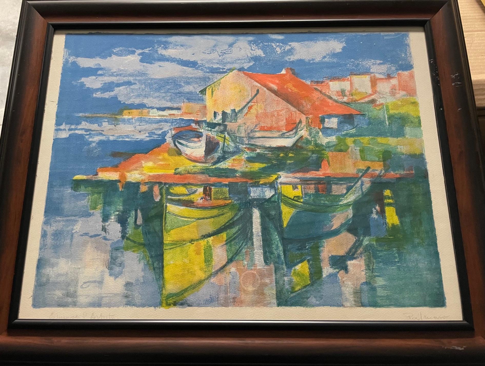 Nautical abstract expressionist painting that is signed by the artist, but spelling of name is unclear:   either 
Palermo or Palmaro?   Signed in bottom right corner.

Bottom Left corner has some penciled words that may indicate a title, but again,