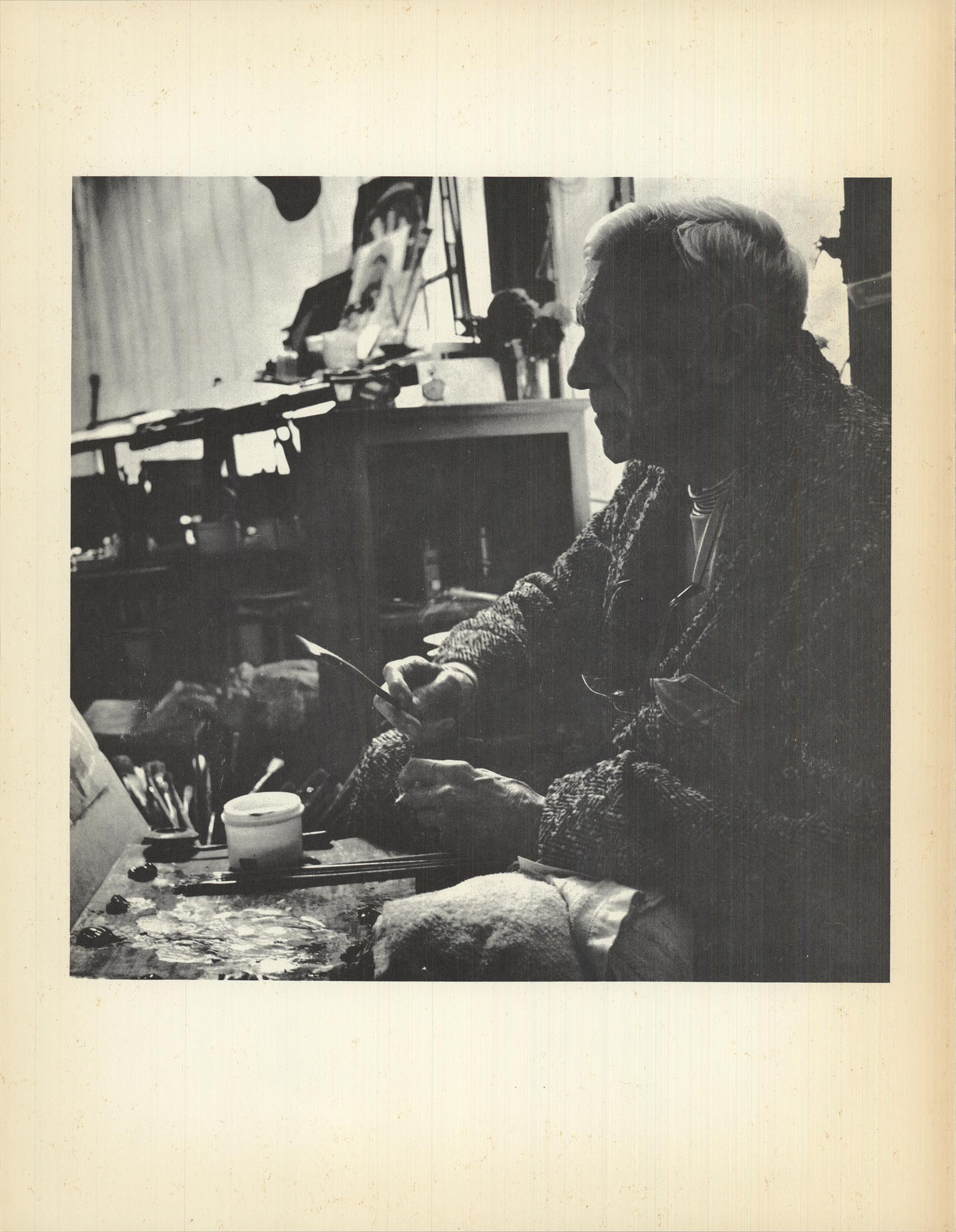Black and white photograph taken of artist Georges Braque. This was a page of a Derriere le Miroir (DLM) issue.