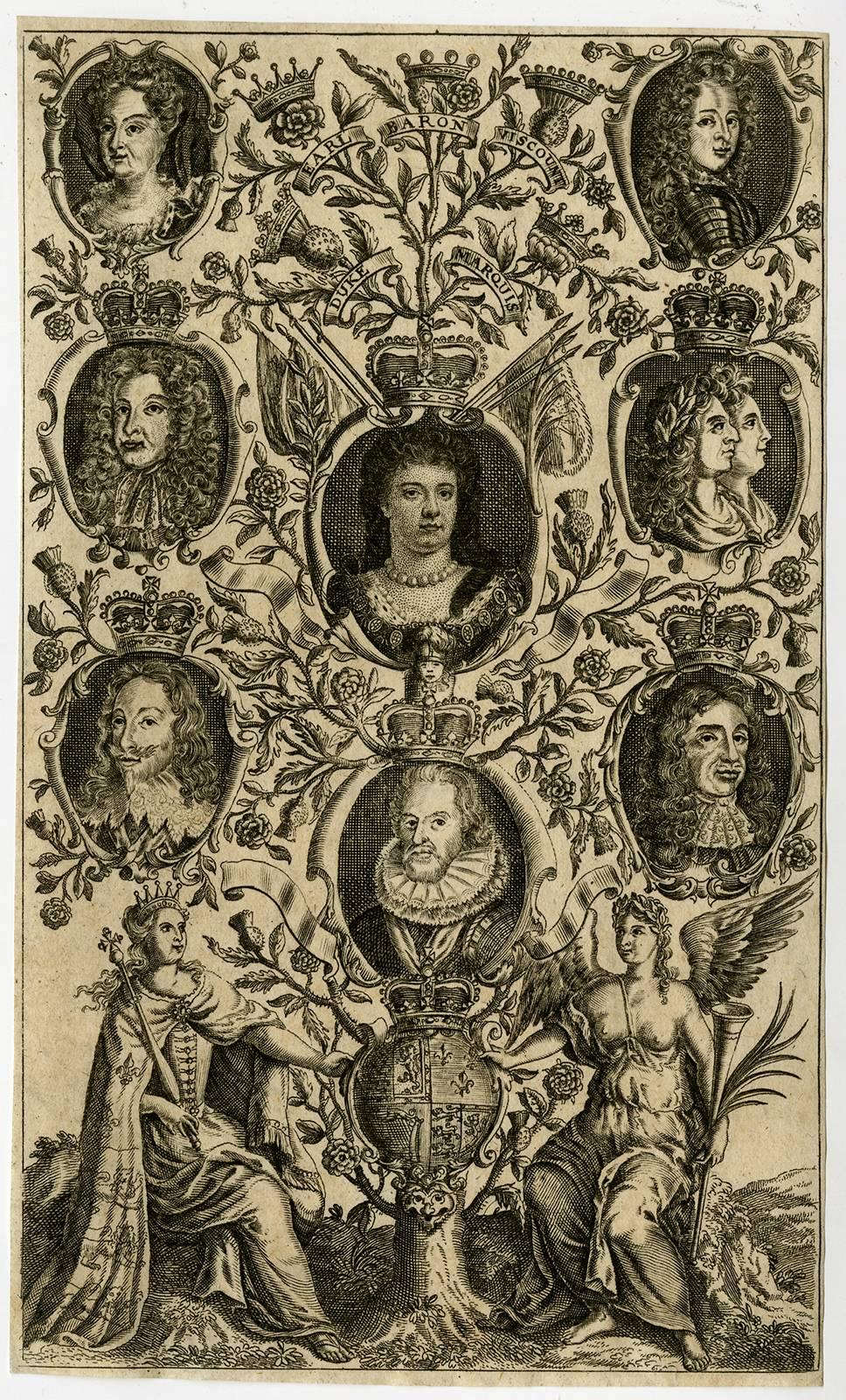 Unknown Portrait Print - Untitle - Portrait of Anne, queen of England, surrounded by her predecessors.