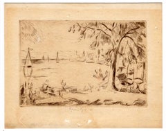 Antique Untitled - Impressionistic coastal scene with figures and sailing boats.