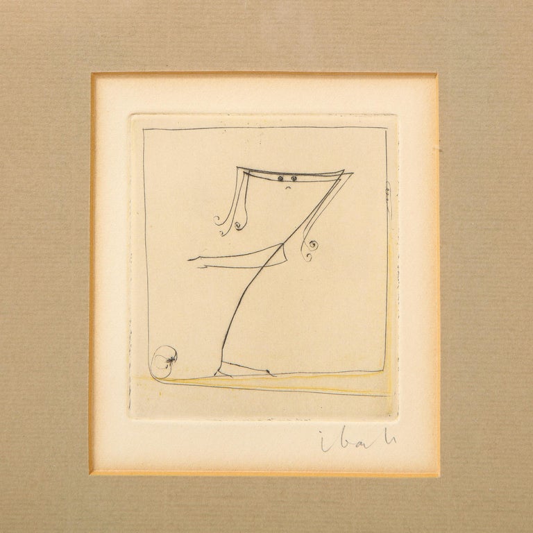This elegant etching was realized by an unheralded Mid Century artist, in the manner of Paul Klee. It features a stylized and abstracted human form with long locks of curled hair and arms outstretched. The figure appears to be captured in mid
