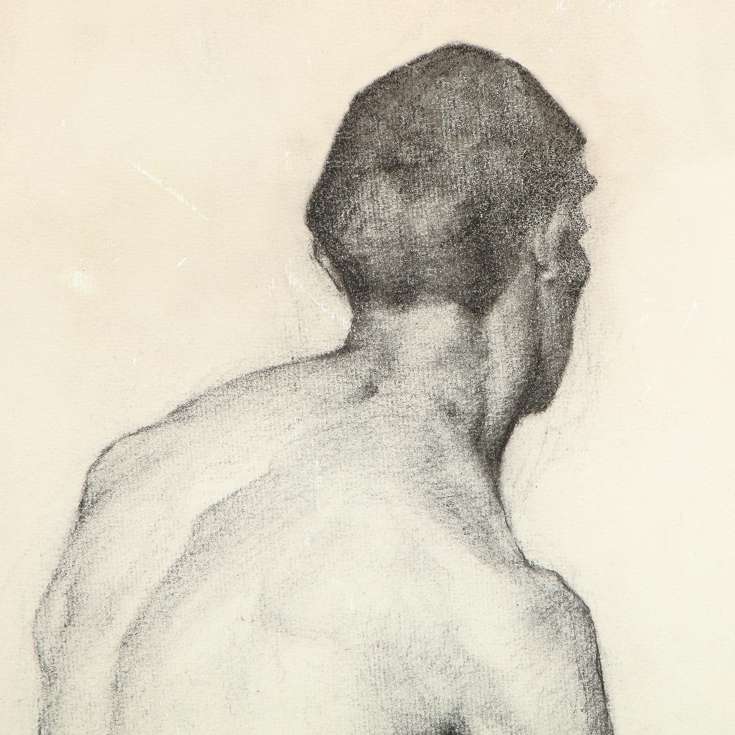 Realized in the manner of Thomas Eakins, this sophisticated figurative print presents a nude male model with his back to the viewer. Showcasing both the technical faculty of the artist and the beautiful natural musculature of the model, this piece