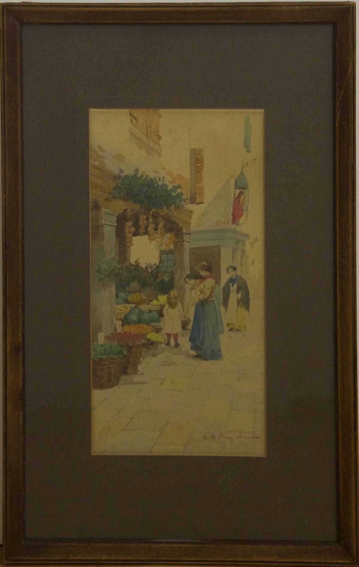 Unknown Landscape Print - Framed, Original Water Color. Untitled, "Marketplace" by Angelini. 